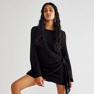 NWT Free People Simona Black Long Sleeve Mini Dress Lace Up Buttoned Low Cut